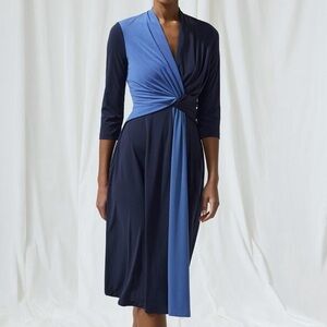 The Fold London Avebury Dress Slate Blue Navy Twist Waist